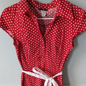 Retro red polka. Dress with white wrap belt